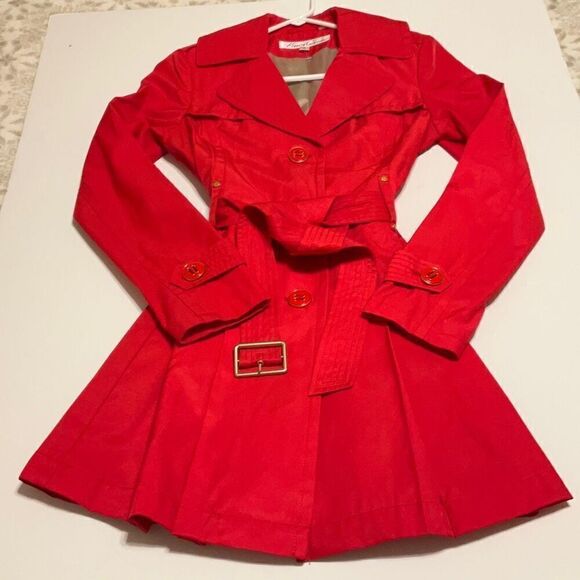 Kenneth Cole New York Short Red Trench, Small. Gold hardware. Elegant preppy - Picture 3 of 12